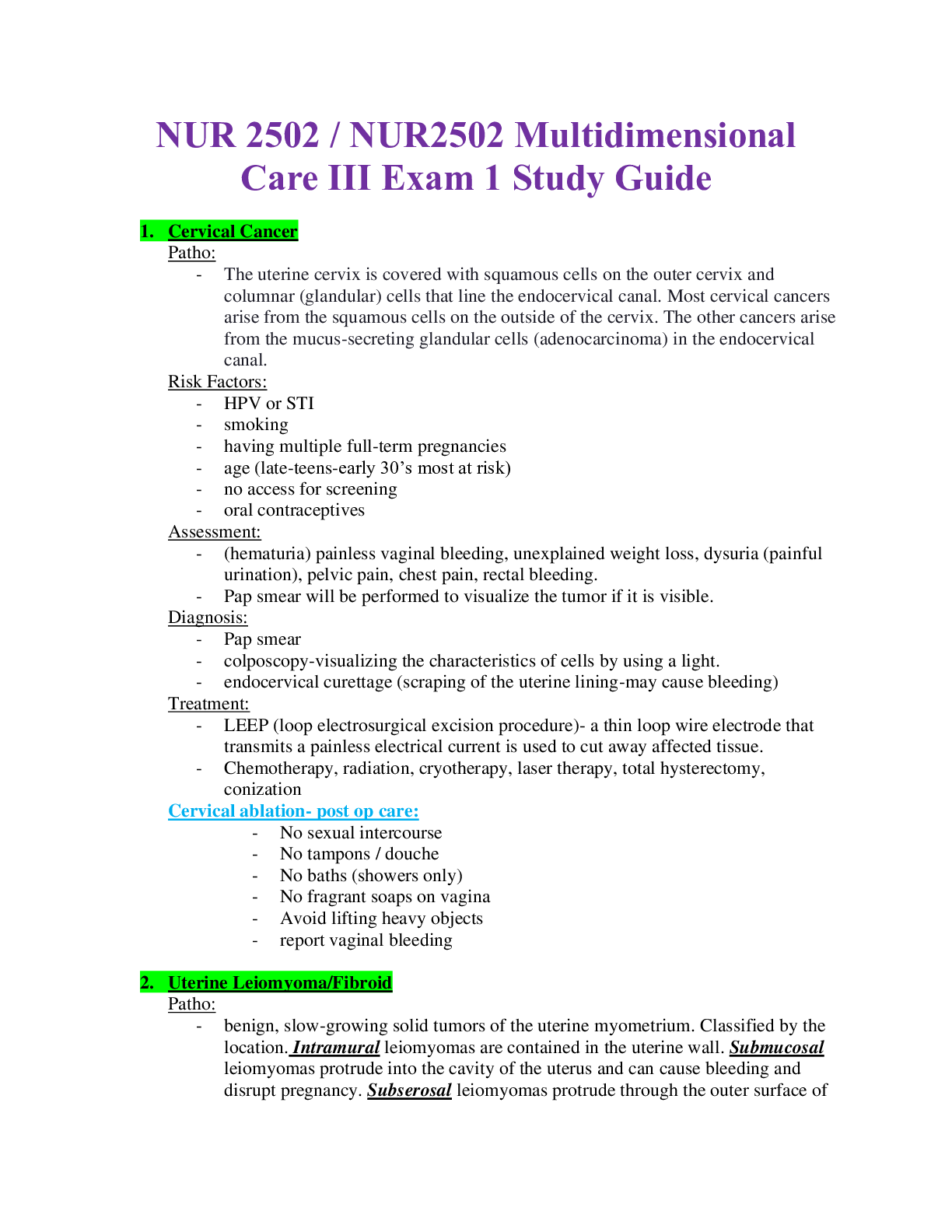 NUR 2502 / NUR2502 Multidimensional Care III Exam 1 Study Guide | Rated A | LATEST | Rasmussen College